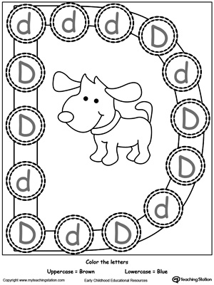 Practice identifying the uppercase and lowercase letter D in this preschool reading printable worksheet.