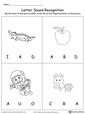 Practice recognizing the alphabet letter A sound in this picture match printable worksheet.