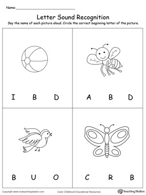 Practice recognizing the alphabet letter B sound in this picture match printable worksheet.