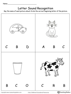 Practice recognizing the alphabet letter C sound in this picture match printable worksheet.