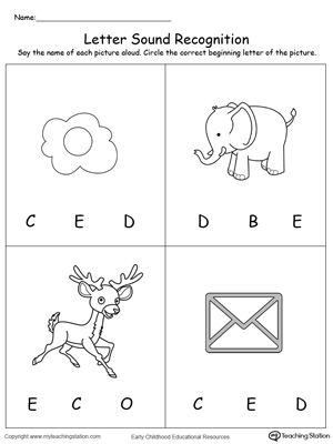 Practice recognizing the alphabet letter E sound in this picture match printable worksheet.