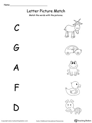 Preschool learning letter sounds printable worksheet. Match words starting with A,C,D,F,G with the picture