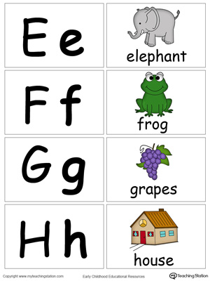 Small alphabet printable flashcards in color for the letters: E F G H.