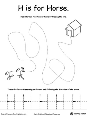 Say the name of the picture (Horse), then trace the lines and the letter H in this pre-writing printable worksheet.