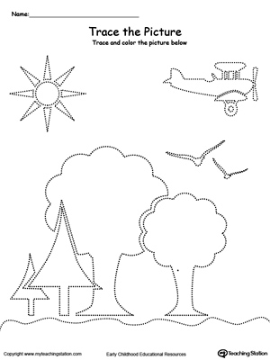 Trace the lines to draw a scenary in this preschool printable tracing worksheet.
