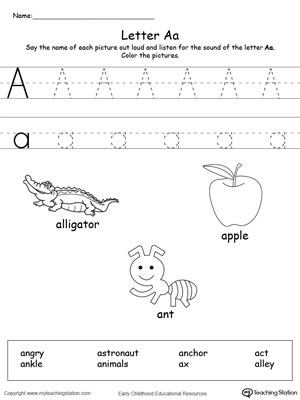 Practice saying the name of the picture and tracing the uppercase and lowercase letter A in this printable worksheet.
