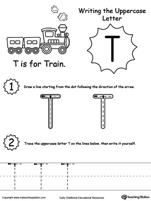 Help your child practice writing the uppercase letter T with this printable worksheet.