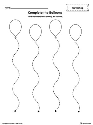 Practice prewriting with this balloon, curved lines, tracing worksheet.