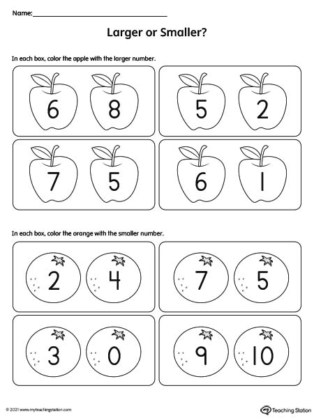 Comparing numbers 1-10 and identifying which one is smaller and which one is larger in this printable worksheet.