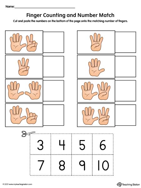 Cut and paste number match printable worksheet using finger counting hand pictures. Available in color.