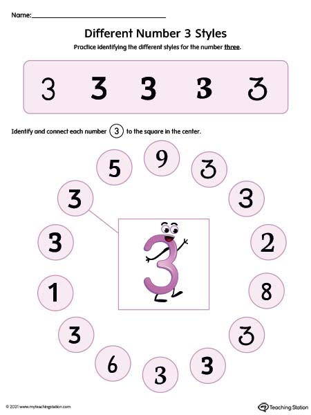 Help kids identity possible styles of the number three by understanding how numbers can have different variations. Available in color.