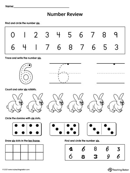 Practice number formation, tracing, counting, ten-frame number recognition, and number variation in this action-packed number 6 review worksheet.