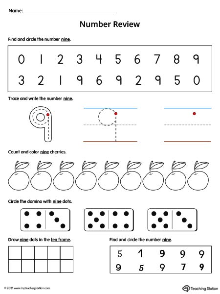 Practice number formation, tracing, counting, ten-frame number recognition, and number variation in this action-packed number 9 review worksheet. Available in color.