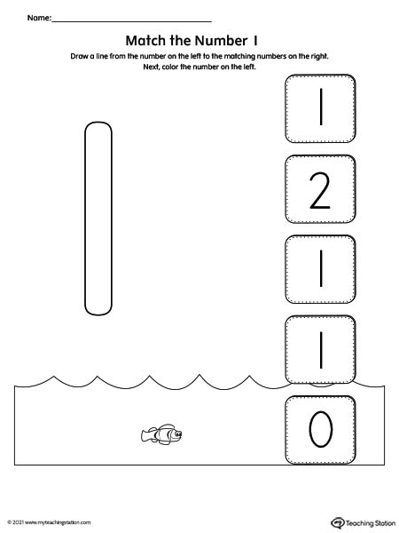 Practice number recognition by drawing a line to the matching numbers in this printable worksheet. Featuring number one.