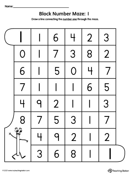 Help preschoolers practice number recognition with this number maze worksheet. Featuring number one.