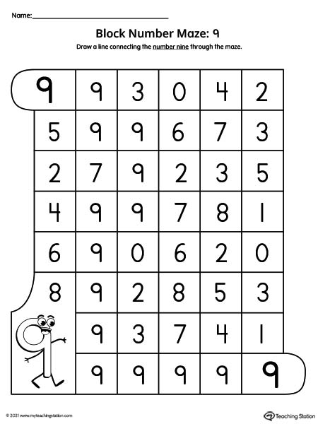 Help preschoolers practice number recognition with this number maze worksheet. Featuring number nine.