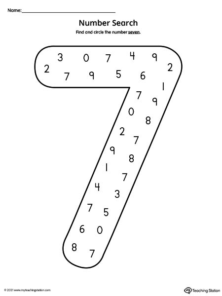 Search the number seven in this printable worksheet to help practice number recognition.