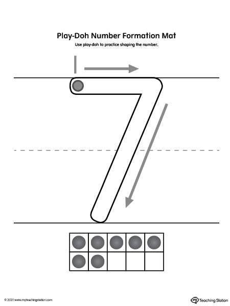 Play-Doh number formation printable mat. Featuring number seven. Preschool and kindergarten teaching resources.