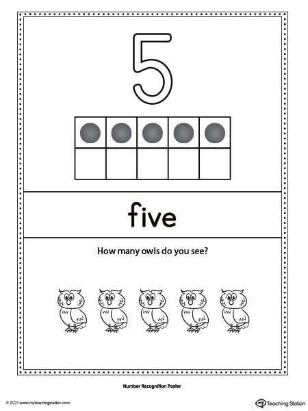 Large number five poster with ten-frame. Each poster has a different representation for the number, number word, and ten frame illustration.