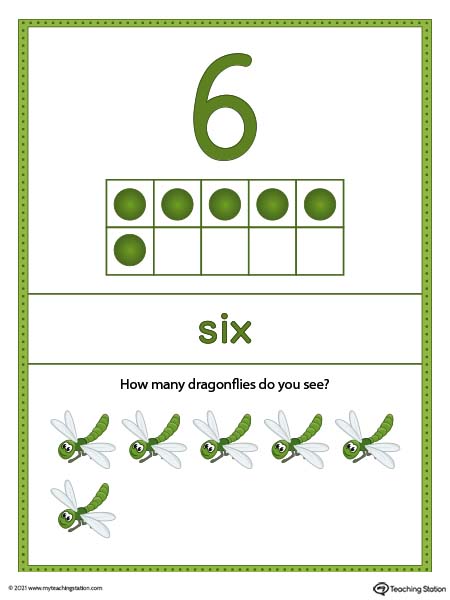 Large number six poster with ten-frame. Each poster has a different representation for the number, number word, and ten frame illustration. Available in color.