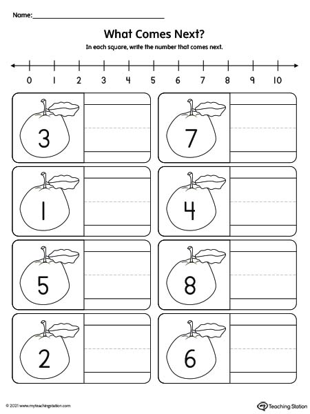 Practicing number sequence by identifying what number comes next in this preschool printable worksheet. Kids practice writing the next number.