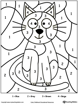 Color by number cat in this printable worksheet. Browse more color-by-number worksheets.