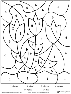 Color by number flowers in this printable worksheet. Browse more color-by-number worksheets.