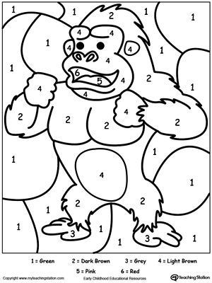 Color by number gorilla in this printable worksheet. Browse more color-by-number worksheets.
