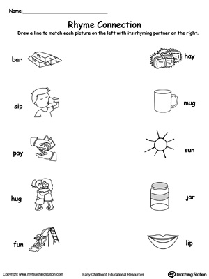 connect rhyming pictures with words ending in ar ip ay ug or un