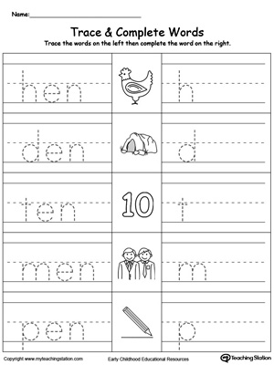 Trace then write the words themselves in this EN Word Family Trace and Write printable worksheet.