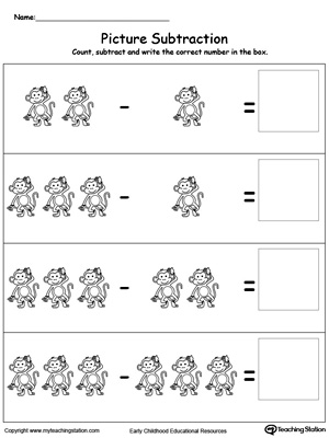 kindergarten subtraction printable worksheets myteachingstation com