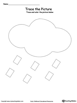 Practice fine motor skills with this rain picture tracing printable worksheet.