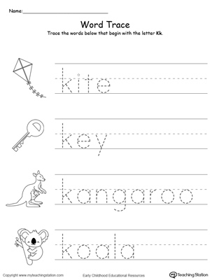 free trace words that begin with letter sound k myteachingstation com