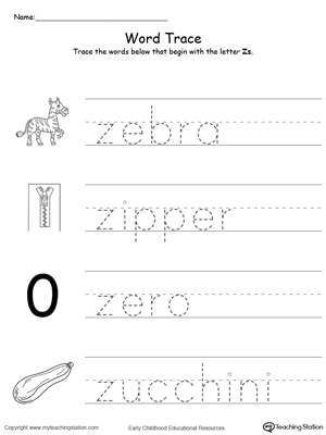 free trace words that begin with letter sound z myteachingstation com