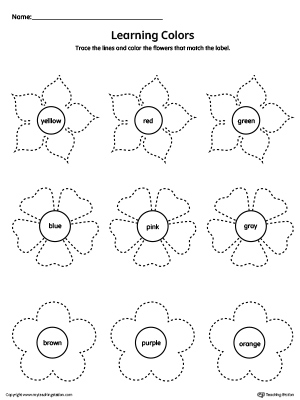 free learning colors and tracing flowers worksheet myteachingstation com