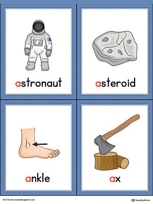 Printable beginning sound vocabulary cards for letter A, includes the words astronaut, asteroid, ankle, and ax.