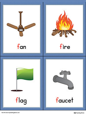 Letter F Words and Pictures Printable Cards: Fan, Fire, Flag, Faucet