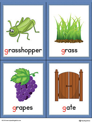 letter g words and pictures printable cards grasshopper grass grapes