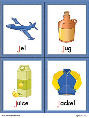 Letter J Words and Pictures Printable Cards: Jet, Jug, Juice, Jacket