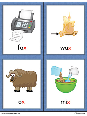 Letter X Words and Pictures Printable Cards: Fax, Wax, Ox, Mix (Color