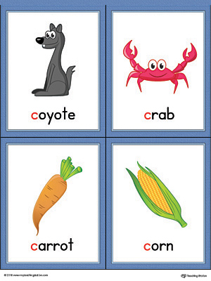 Letter C Words and Pictures Printable Cards: Coyote, Crab, Carrot, Corn