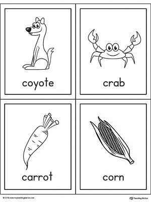Beginning sound vocabulary cards for letter C, includes the words coyote, crab, carrot, and corn.