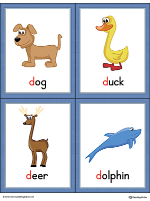 Letter D Words And Pictures Printable Cards Dog Duck Deer Dolphin Color Myteachingstation Com