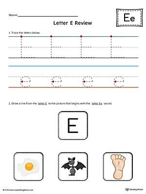 Use the Letter E Review in Color worksheet to help your student practice tracing and the beginning sound of the letter E.