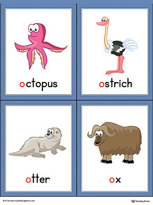Letter O Words And Pictures Printable Cards Octopus Ostrich Otter Ox Color Myteachingstation Com