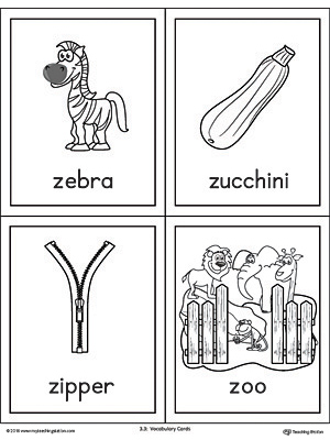 Letter Z Words and Pictures Printable Cards: Zebra, Zucchini, Zipper