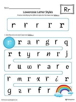 Practice identifying the different lowercase letter R styles with this colorful printable worksheet.