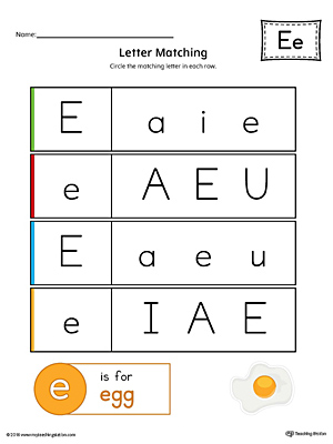 Letter E Uppercase and Lowercase Matching Worksheet (Color