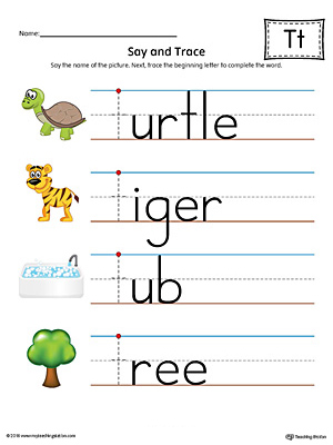 Say and Trace: Letter T Beginning Sound Words Worksheet (Color