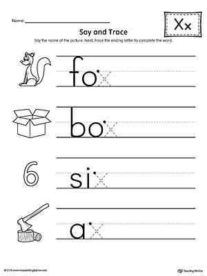 say and trace letter x ending sound words worksheet